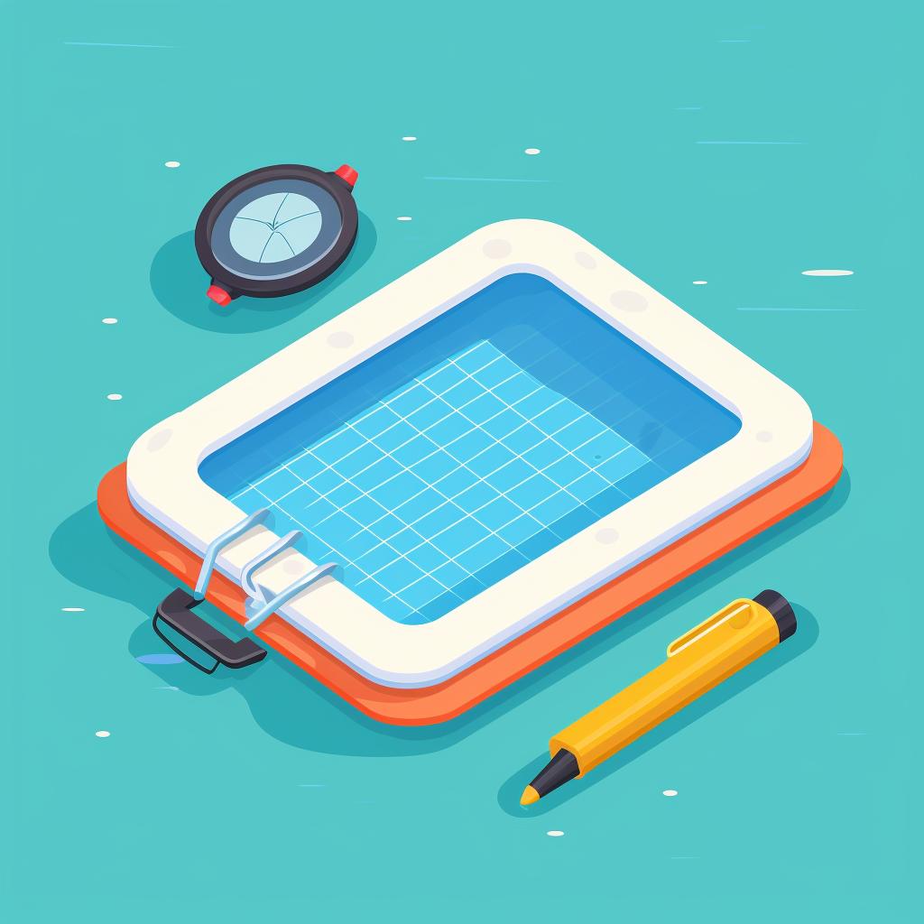 A flexible measuring tape, a notepad, and a pen next to an inflatable pool.